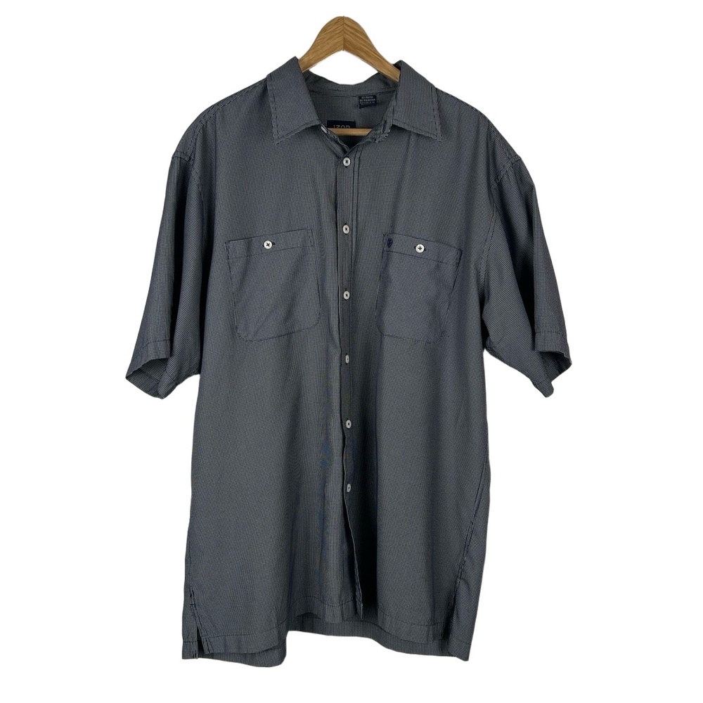 IZOD Short Sleeve Button Up Shirt Size Large Embroidered Logo Coastal Preppy